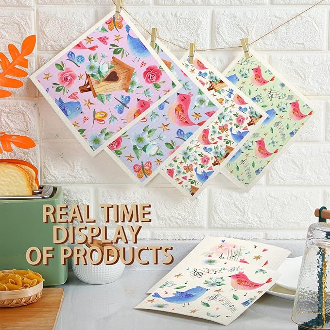 Swedish Dishcloths for Kitchen | 6 Pack Floral Reusable Paper Towels Washable | Swedish Dish Towels | Non-Scratch Cellulose Sponge Cloths | No Odor, Biodegradable Cleaning Cloths, Colorful Birds