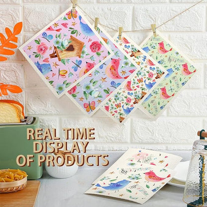 Swedish Dishcloths for Kitchen | 6 Pack Floral Reusable Paper Towels Washable | Swedish Dish Towels | Non-Scratch Cellulose Sponge Cloths | No Odor, Biodegradable Cleaning Cloths, Colorful Birds