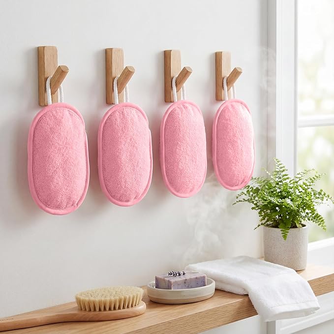 Sunnyray 4 Pcs Bath Body Exfoliating Soap Saver, Exfoliator Scrubber Pouch, Bath Loofah Sponge Body Scrubber Shower Sponge Exfoliating Mesh Pouf for Women and Men Bathing (Pink)
