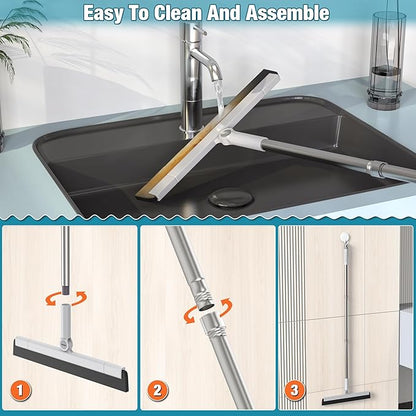 KOLLIEE Floor Squeegee 59" Adjustable Long Handle Professional with Hook Water Squeegee Foam Blade for Concrete Floor Tile Pet Hair Floor Wiper Grey