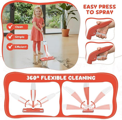 Kids Spray Mop - Chores Chart Set Montessori Cleaning Set Toy with Real Water Sprayer 2PCS Washable Pads and 10PCS Disposable Mop Pads for Ages 3-8 (Pink)