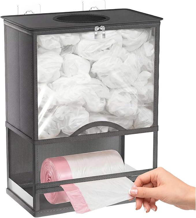 Plastic Bag Holder, Grocery Bag Holder with Trash Bag Roll Dispenser, Wall Mounted Soft Fabric Trash Bag Dispenser (Not Rigid), 14.6" L × 7.7" W × 19.3" H, for Kitchen Pantry Laundry Garage, Gray