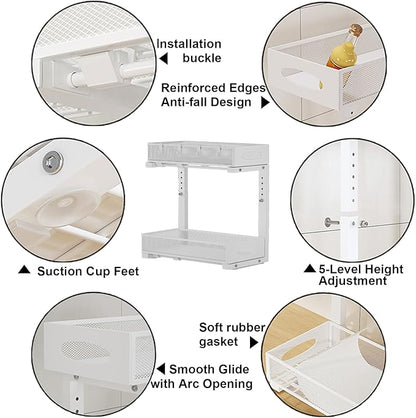 2 Pack Under Sink Pull Out Organizer, 2-Tier Adjustable Height Carbon Steel Storage Rack for Kitchen and Bathroom Cabinet, White