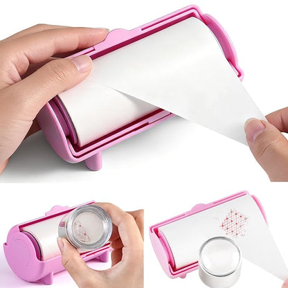 Nail Stamper Sticky Cleaner Roll with Case, Adhesive Paper Stickers for Stamping Gel Polish Removal, Lint Roll Cleaning Sheets, Nail Stamper Accessories Manicure Salon Supplies (Pink)