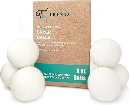 Wool Dryer Balls, 100% New Zealand Wool, Natural Fabric Softener, Reusable, XL, 6 Pack