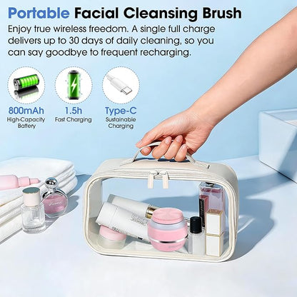 Electric Facial Cleaner with 6 Modes & 3 Light Effects, Rechargeable Waterproof Face Scrubber for Women and Men, Includes Extra Brush Head, Easy-Clean Hanging Design (Pink)