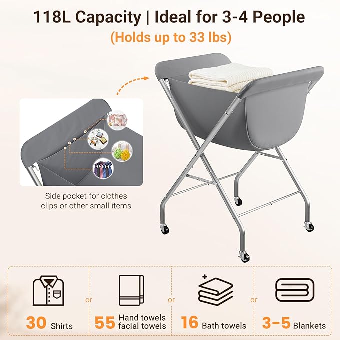 ELYKEN Laundry Cart with Wheels, 33”H Easy Rolling Laundry Hamper with Removable Liner Bag, Sturdy Metal Frame Clothes Basket with 4 Casters and 2 Brakes