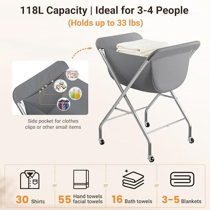 ELYKEN Laundry Cart with Wheels, 33”H Easy Rolling Laundry Hamper with Removable Liner Bag, Sturdy Metal Frame Clothes Basket with 4 Casters and 2 Brakes