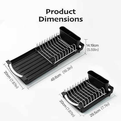 Extendable Dish Drying Rack, Stainless Steel, Over Sink or Counter, with Utensil Holder
