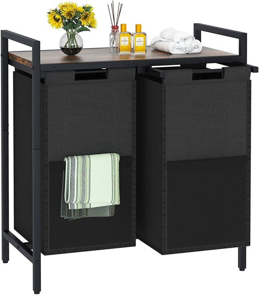 Huhote Laundry Hamper, double Laundry Basket, Laundry Sorter with Top Shelf & 2 Removable Washable Bags & Side Pockets for Laundry Room organization, Bathroom and Dorm, Rustic Brown and Black