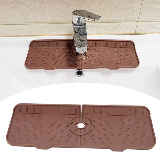 OUKENS Sponge Holder, Brown Silicone Washable Countertop Water Absorbent Faucet Mat for Kitchen Sink, Bathroom, RV, Reusable Splash Guard & Drip Catcher Tray