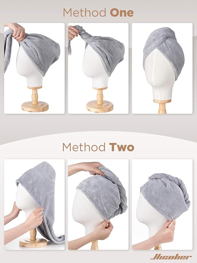 Hicober Microfiber Hair Towel, 3 Packs Hair Turbans for Wet Hair, Drying Hair Wrap Towels for Curly Hair Women Anti Frizz (Grey,Blue,Grey)