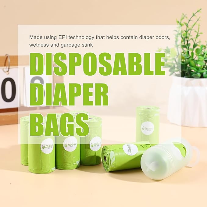 USBOO Disposable Diaper Bags for Baby, 9 Refill Rolls/108 Bags，OXO-Biodegradable Diaper Sacks with Dispenser,Easy-Tie Handles,Large Dirty Diaper Disposal or Pet Waste Bags