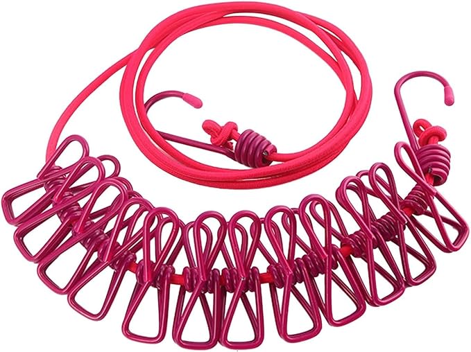 ALINNA Retractable Portable Clothesline, Travel Clothesline with 12 Clothespins for Indoor Laundry Drying, Outdoor Camping Accessories (Rose red)