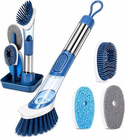 Multifunctional Kitchen Dish Washing Brush Set with Automatic Liquid Filling, Long Handle Scrub Brush with Stand, Blue