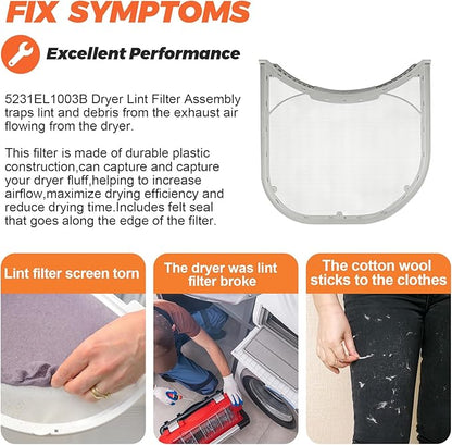 Beaquicy 5231EL1003B DLE2516W Dryer Lint Filter with Felt Seal and Cleaner Brush - Fit for Kenmore and LG Dryer Lint Screen - Replace DLG5932W, AP4440606,1266857, 79680318900