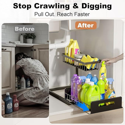 REALINN Under Sink Organizer, Pull Out Cabinet Storage 2 Tier Slide Out Sink Shelf, Kitchen Organizers and Storage, Black, 1 Pack