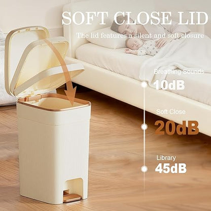 JiatuA Small Bathroom Trash Can with Lid Soft Close, 2.6 Gallon Step Garbage Can Slim Trash Bin Wastebasket for Kitchen Bedroom Office Living Room Toilet College Dorm, Cream