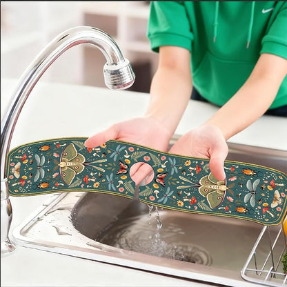 2 Pcs Kitchen Sink Splash Guard Faucet Mat Vintage Green Insects and Plants Faucet Mat for Sinks Absorbing Drying Mats for Kitchen Bathroom, 23.6x5.5inch