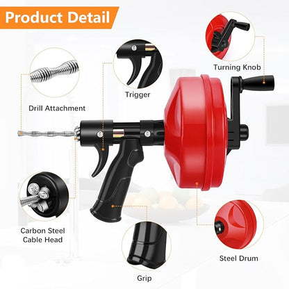 25 FT Double Mode Drain Snake Tools, 14-in-1 Drain Auger for Sink and Drain Unblocking, Plumbing Snake for Kitchen, Bathrom and Shower Sink, Drain Clog Remover for Real DYIs【Upgraded】