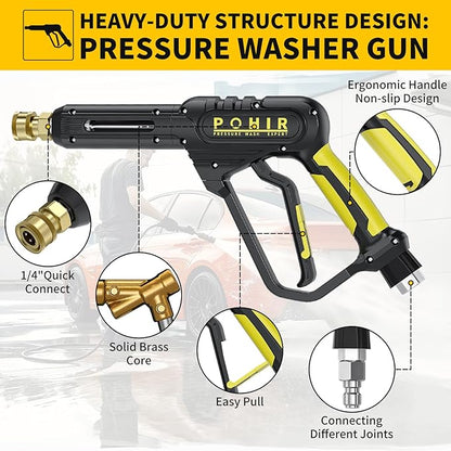 POHIR Pressure Washer Gun with Foam Cannon & 50ft Power Washer Hose, 3600PSI Pressure Washing Kit with 15" Extension Wand & 7 Nozzle Tips, 3/8'' Quick Connector & M22 15mm/14mm Fittings