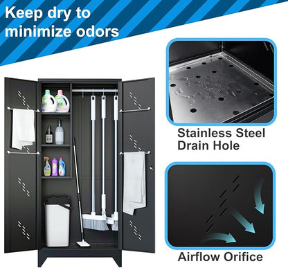 VASAAOSD 75" Metal Storage Cabinet with Lock, Tool Cabinets with Hooks, Heavy-Duty Garage Storage Cabinet for Utility Room, Gym, Basement, Broom Closet, Black