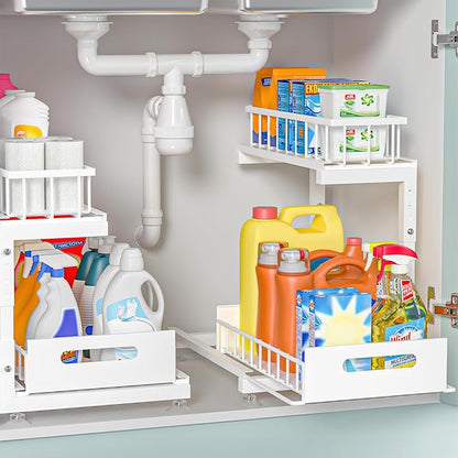 Saydear Under Sink Organizer, 2-Tier Premium Metal Pull-Out Racks with Adjustable Height, Heavy Duty Sliding Bin for Bathroom and Kitchen Cabinet Storage, Rust Resistant 2 Pack