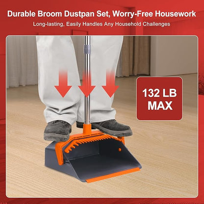 Tiumso Broom and Dustpan Set with 51'' Long Handle, Upright Broom and Dustpan Combo for Home Kitchen Office Restaurant Garage Lobby Dog Cat Pets Hair - Grey and Orange