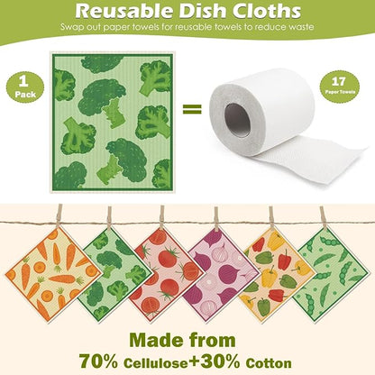 6 Packs Swedish Paper Cloths for Kitchen, Reusable Paper Towels Washable Dish Rags, Highly Absorbent Kitchen Towels Quick Drying Swedish Sponge Cleaning Dish Cloths (Vegetables)
