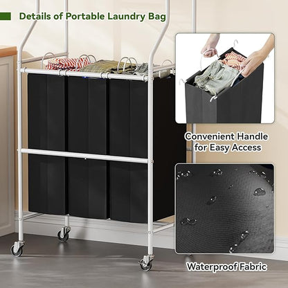 Laundry Sorter with Hanging Clothes Rack, Rolling Laundry Cart with Wheels & Shelf, 42 Gal (160L) 3 Section Basket Organizer, White