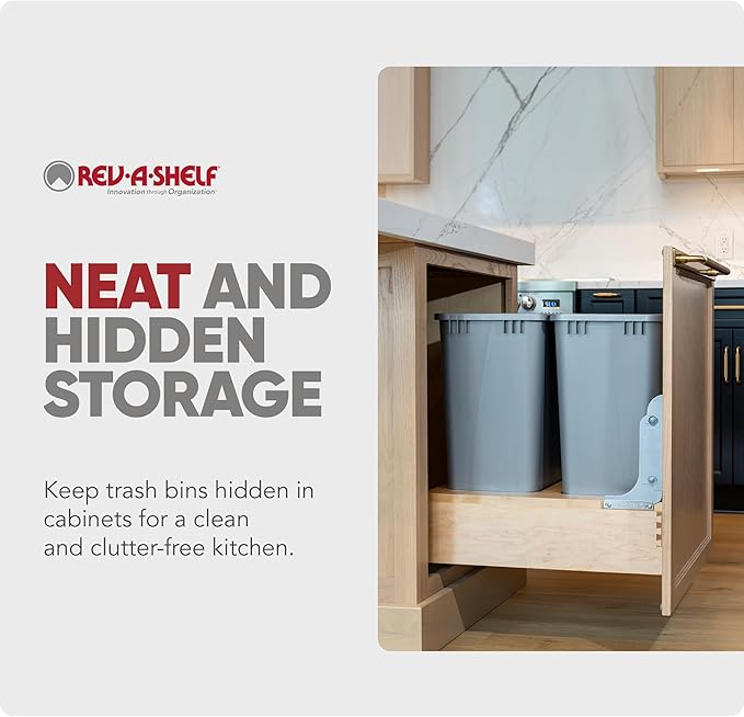 Rev-A-Shelf 50 Qt Bottom Mount Double Pullout Under Cabinet Trash Cans w/Soft-Close for Base Cabinets, Min Opening Width of 17.5", Metallic Silver, 4WCBM-2150DM-2