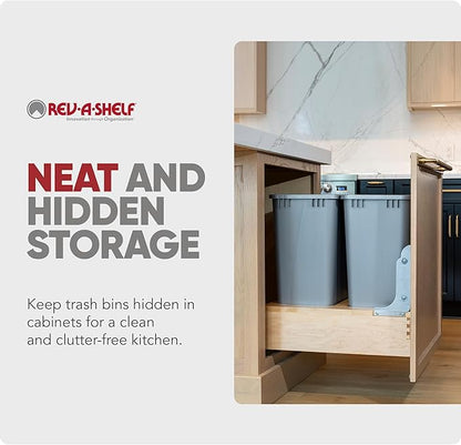 Rev-A-Shelf 50 Qt Bottom Mount Double Pullout Under Cabinet Trash Cans w/Soft-Close for Base Cabinets, Min Opening Width of 17.5", Metallic Silver, 4WCBM-2150DM-2