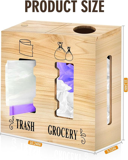 2 in 1 Trash Bag Dispenser and Grocery Bag Holder, Large Wooden Plastic Bag Holder, Wall Mount Trash Bags Holder for Grocery and Plastic Bags, Kitchen and Laundry Room Organization
