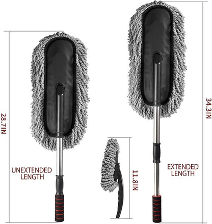 Removable Telescopic Car Wax Drag Nano Fiber Car Wash Brush Car Dusting Tool Car Mop Wax Dash Duster Exterior Interior Cleaning Kit (Premium Car Duster & Dash Duster 2 Pcs Set, Gray)