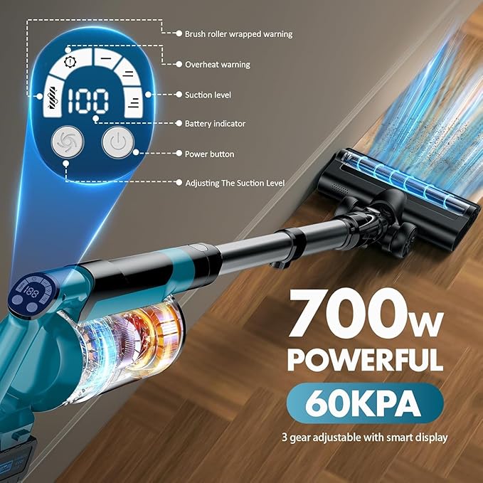 700W Cordless Vacuum Cleaners for Home with 2*Battery 8000mAh,Brushless Rechargeable Stick Vacuum with 3 Mode, 6 in 1 Portable Handheld Cordless Vacuum for Pet Hair/Hardwood Floor/Dorm (Blue)