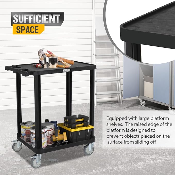 TUFFIOM 3-Tier Plastic Service Utility Cart, Rolling Flat Cart with Wheels, Large Capacity, Multi-function Handle Storage and Mute Flexible Wheels with Braker, Great for Office Warehouse Garage, Black