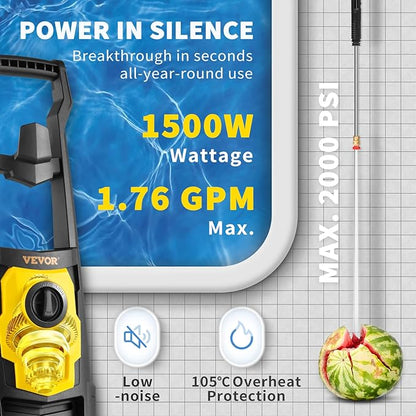 VEVOR Electric Pressure Washer, 2000 PSI 1.76 GPM, Portable Cleaner with 30ft Hose, Foam Cannon & 5 Nozzles for Cars, Patios, Fences - ETL Listed
