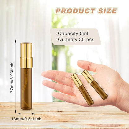 30 Pack Empty Mini Glass Spray Bottle Refillable Fine Mist Perfume Atomizer Portable Travel Sample Spray Bottles Containers For Perfume Essential Oils Cosmetics Liquid (amber bottle, 5ml)
