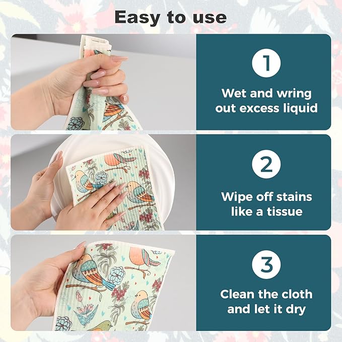 wlich 5PCS Swedish Dishcloths for Kitchen, Reusable Dish Rags for Washing Dishes with Clips, Non-Scratch Kitchen Towels and Dishcloths Sets, Washable Swedish Dish Cloths, No Odor(Birds Flowers)