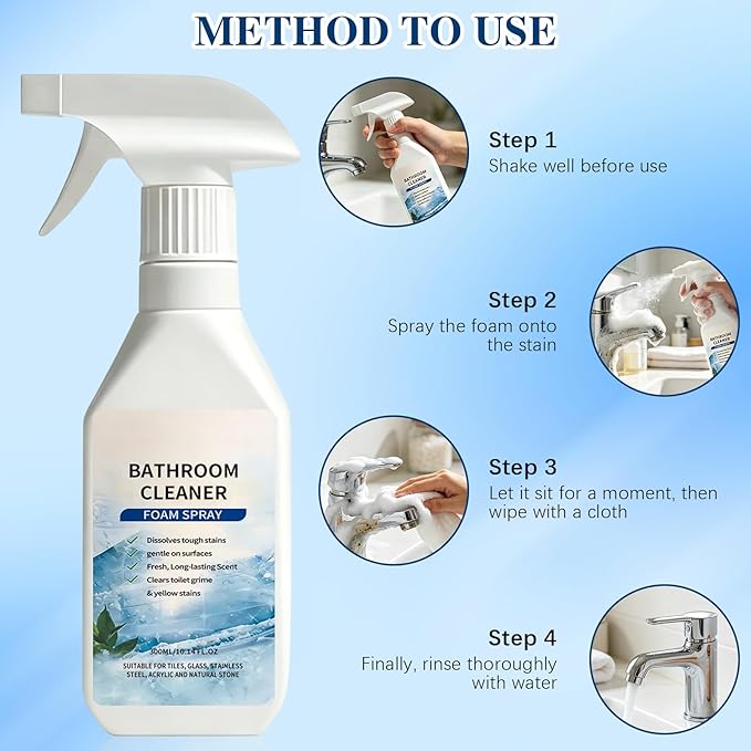 Scale Remover Bathroom Cleaner Foam Spray,Foam BathroomCleaner,Powerful Scale Remover,Bathroom Cleaner Foam Spray for Shower, Glass, Stainless Steel, Tiles, Glass and Toilet