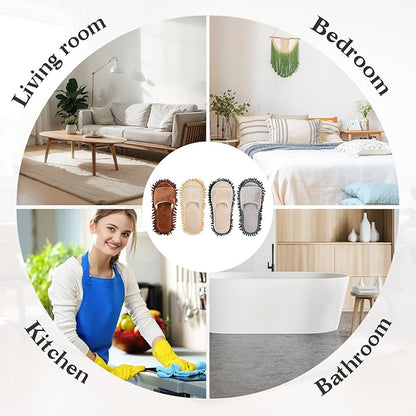 Jecery 4 Pair Washable Microfiber Mop Slippers Detachable Dusting Shoes for Floor Cleaning, Office & Home Use Suitable for Women & Men(Blue,Beige,Brown, White,M Size)
