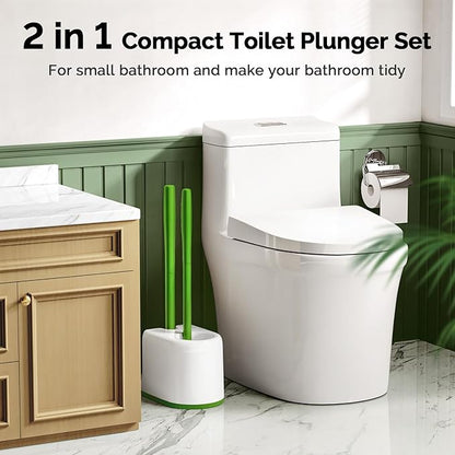 HAMITOR Toilet Plunger Bowl Brush Combo：Heavy Duty Rubber for Drain Clog Remover - Curved Design Bristles for Deep Cleaning Under Rim - Compact Bathroom Cleaning Tools for New Homet Essentials-Green