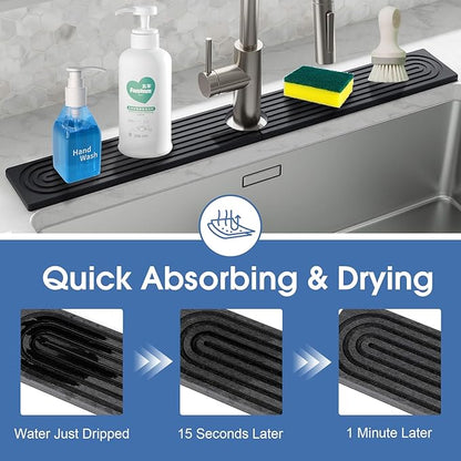 Stone Faucet Mat for Kitchen Sink, Large Fast Drying Stone Faucet Mat for Kitchen Sink with Raised Feet, Prevent Moisture Drying Diatomite Fast Tray, Dark Gray, 30" x 4"