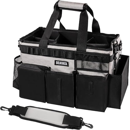 SCAVATA Wearable Cleaning Caddy Bag, Cleaning Caddy Supplies Organizer with Handle & Shoulder Straps for Housekeepers, Under Sink & Car Cleaning Tool Organizers with 4 Foldable Divider (Grey)