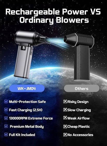 130000RPM Compressed Air Duster, Rechargeabler air Duster with Brushless Motor, 5-Gear Adjustable & 2.5H Fast Charge, Electric Cordless Air Blower for Computer, Car, Keyboard and Indoor Cleaning