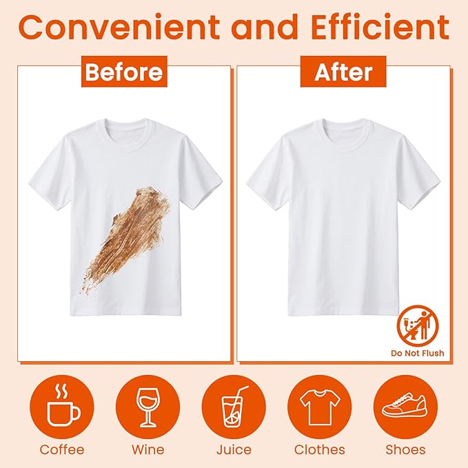 Stain Remover Wet Wipes Bulk, Individual Wrapped Clothes Portable Travel Messy Eater Cleaning Laundry Stain Removal Wipes Pocket Size for Clothing Fabric/Shoes/Wine/Fast Food 7.1 x 4.7 Inch(Orange 50)
