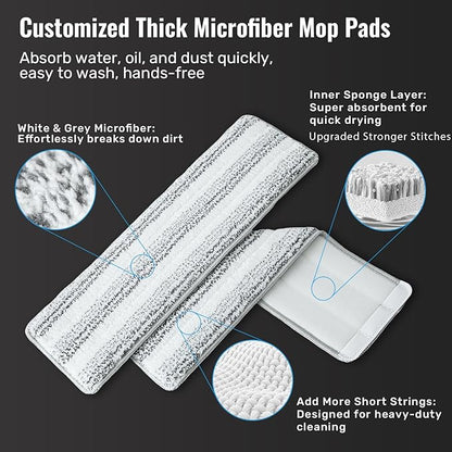 HoMettler Mop and Bucket Set, 3-Tank Flat Mop and Bucket System for Separate Dirty & Clean Water, 65" Mops for Floor Cleaning with 8 Washable Pads, Safe for Hardwood, Vinyl, Tile, Baseboards, Walls