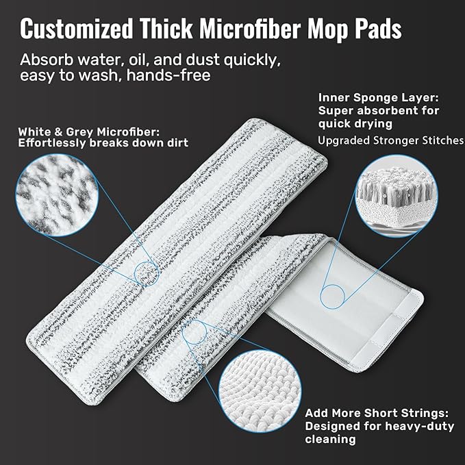 HoMettler Mop and Bucket Set, 3-Tank Flat Mop and Bucket System for Separate Dirty & Clean Water, 65" Mops for Floor Cleaning with 4 Washable Pads, Safe for Hardwood, Vinyl, Tile, Baseboards, Walls