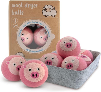 Wool Dryer Balls XL 6-Pack with Felt Storage Box, 100% Pure Wool Dryer Balls, Reusable Laundry Dryer Balls, Reduce Drying Time Wrinkles Static, Natural Fabric Softener Alternative (Pink Pig)