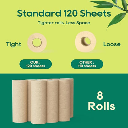 ECOlipak Paper Towels - 8 Rolls, 2 Ply 120 Sheets- Plastic Free, Tree Free, Compostable, Disposable Kitchen Paper Towels, Soft and Absorbent, PFAS Free, Nature
